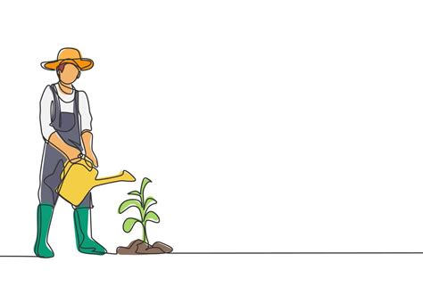 Desenho De Linha Nica Cont Nua Jovem Agricultor Rega As Plantas Usando