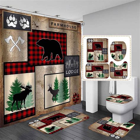 SkailiÉ 4pcs Cabin Shower Curtain Set Red And Black Buffalo Plaid Deer Elk Moose