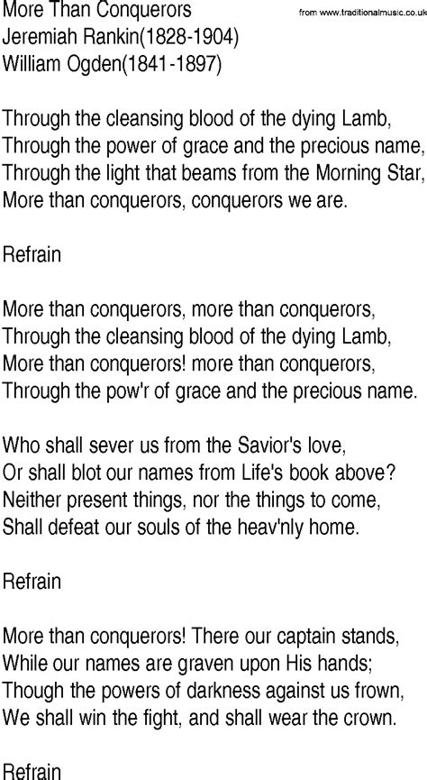 Hymn And Gospel Song Lyrics For More Than Conquerors By Jeremiah Rankin