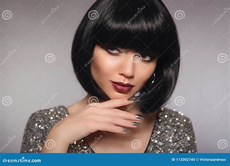 Short Hair Woman Model Fashion Brunette Close Up Portrait With Stock Photo Image Of Manicure