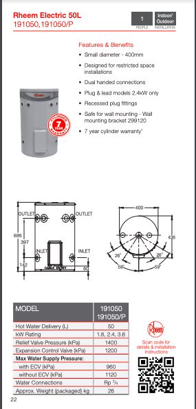 Specification Sheet Rheem L Electric Hot Water System Tech Spec