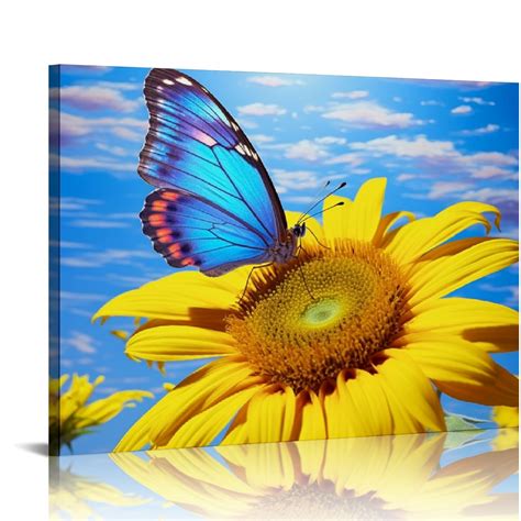 JEUXUS Sunflower Butterfly Wall Art Bathroom Decor Blue Sky Nature