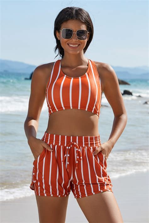 Red Stripe Cross Wide Straps High Waisted Two Piece Bikini With Shorts