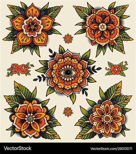 Traditional decorative tattoo flowers Royalty Free Vector