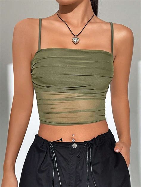 Shein Ezwear Armygreen Summer Tops Solid Ruched Mesh Cami Top Shein Uk