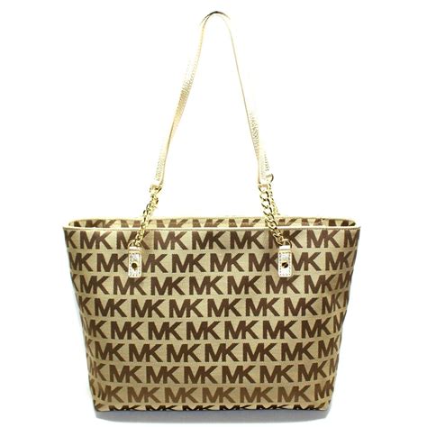 Michael Kors Jet Set Chain Mk Signature Jacquard Tote Shoulder Bag Gold 38t2xjst7j Michael