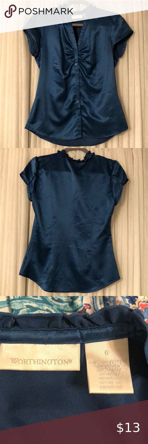 325 Worthington Blue Silky Blouse Silky Blouse Lace Top Long