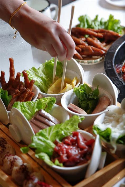 Hand Chopsticks Side Dishes Hot Pot Meal Stock Photo Image Of Store Shelf 254820704