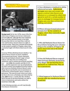 Bacon’s Rebellion "The Declaration 1676" Primary Source Analysis