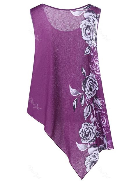 Purple Xl Plus Size Floral Asymmetric Tank Top