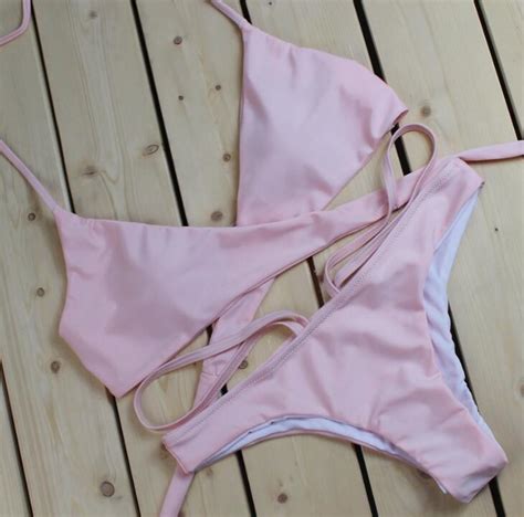 Pure Color Fashion Halter Chest Straps Cross Bottom Side Open Two Piece Bikini Green On Luulla