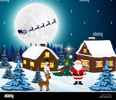 Night Christmas Forest Landscape Santa Claus With Reindeer And Stock Vector Image And Art Alamy