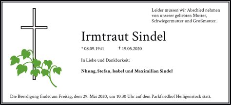 Traueranzeigen Von Irmtraut Sindel Trauer Rheinmain De