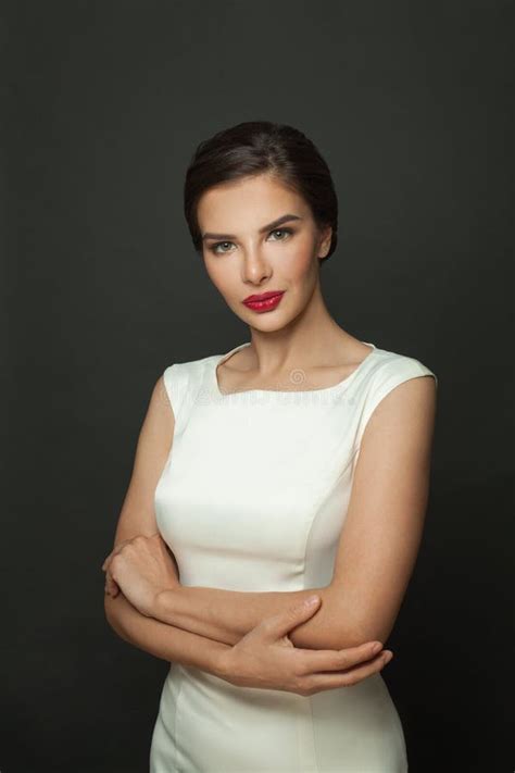 Beautiful Glamorous Woman Wearing White Silky Dress Perfect Brunette Portrait Stock Image