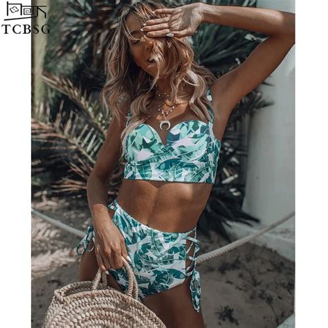 2019 New Arrival Sexy Leaf Print Padded Push Up High Waist Swimwear