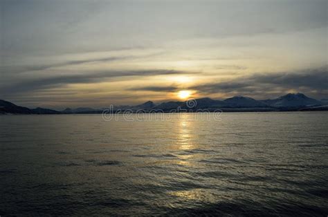 Beautiful Sunset Over Snowy Mountain And Fjord Stock Image Image Of