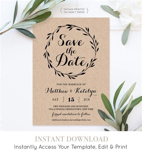 Rustic Save The Date Template Instant Download Diy Kraft Printable Wedding Save The Date