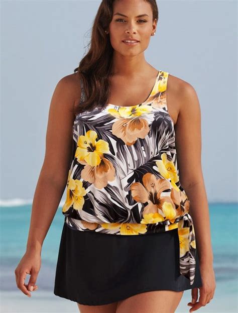 Plus Size Everlasting Floral Side Tie Blouson Tankini With Skirt