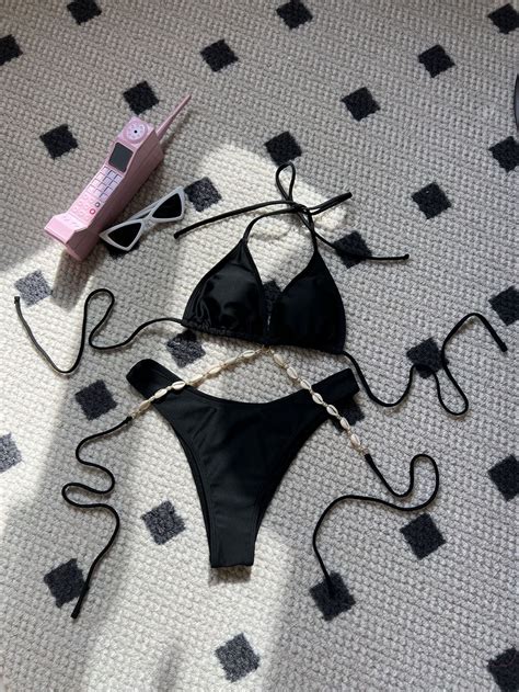 Conjunto De Bikini Cruzado Renyu Traje De Ba O Rosa Cadena Realce Microba Ador Sexy Tanga Playa