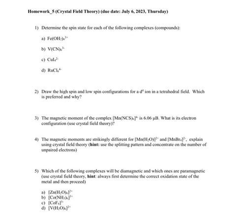 Solved Homework_5 (Crystal Field Theory) (due date: July 6, | Chegg.com 