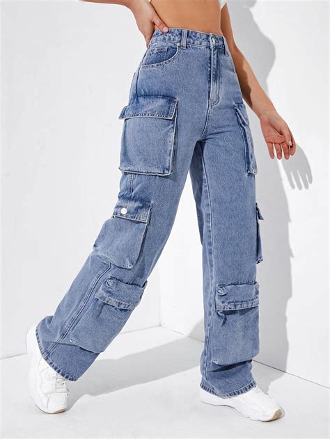 High Waisted Flap Pocket Cargo Jeans Shein Asia