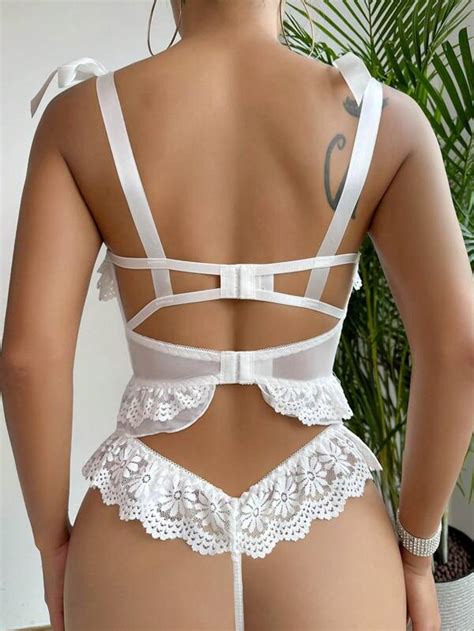 Contrast Lace Ruffle Trim Mesh Lingerie Set Shein Usa