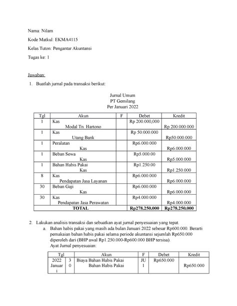 Tugas 1 Pengantar Akuntansi Nama Nilam Kode Matkul EKMA Kelas Tuton