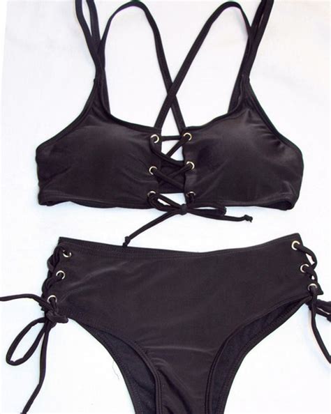 Emmiol Envío gratis 2025 Bikini negro sexy con ajuste de lazo Negro L de Bikinis en la tienda en