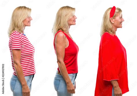 Collage Of Beautiful Middle Age Blonde Woman Over White Isolated Backgroud Looking To Side