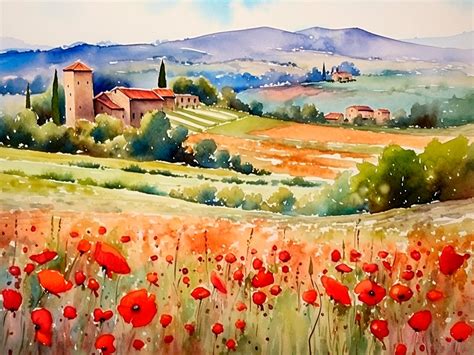 Italian Countryside Watercolor Art Print Tuscany Fields Painting ...