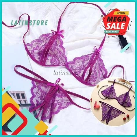 Jual Bra Set Open G String Lingerie Wanita Lace Bra Transparan Sexy A Ungu All Size By