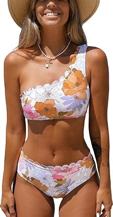 Amazon CUPSHE Women S Bikini Sets Two Piece Bathing Suit One Shoulder Mid Rise Scalloped