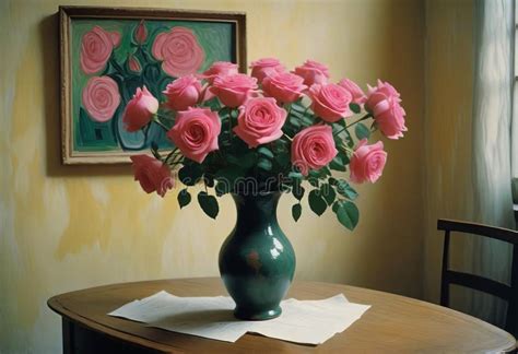 A Painting Shows Several Pink Roses In A Vase Stock Illustration