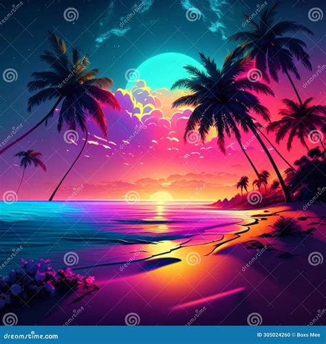 Beautiful Tropical Sunset On The Beach With Palm Trees Vector Illustration Stock Illustration