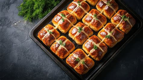 Freshly Baked Hot Cross Buns On A Baking Tray Stock Illustration