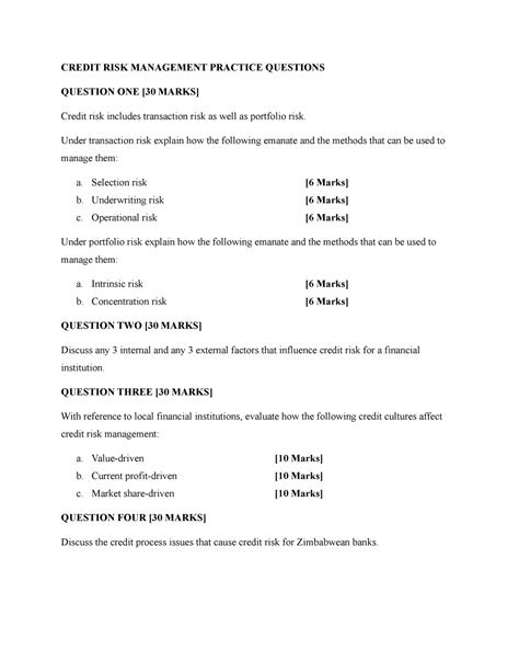 Credit RISK Management Practice Questions - CREDIT RISK MANAGEMENT