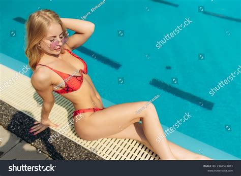 Sexy Blonde Girl Red Swimsuit Pool Stock Photo Shutterstock