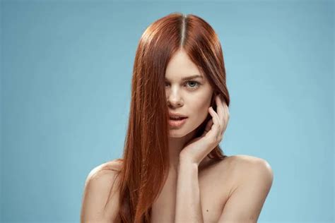 Beautiful Brunette Long Hair Naked Shoulders Cosmetics Charm Health Care Blue Background Stock