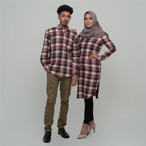 Jual Benhill Kemeja Tunik Couple Flannel Kotak Terracotta