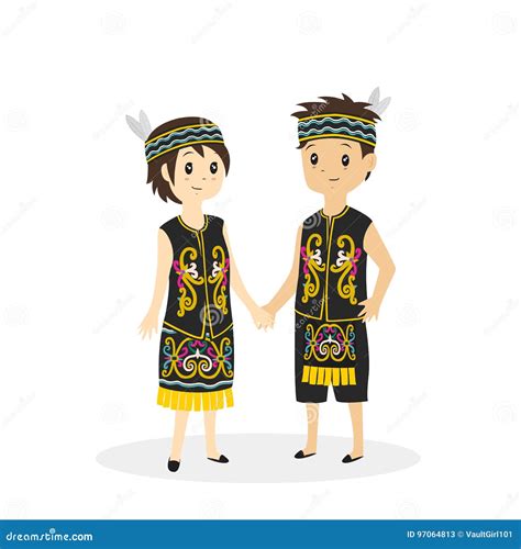 Dayak Couple Traditional National Clothes Of Indonesia Set Of Cartoon
