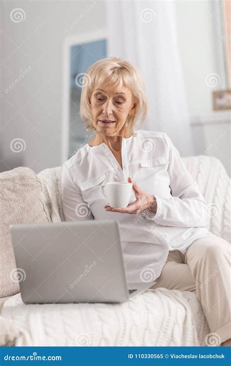 Thoughtful Mature Woman Wandering Internet Stock Image Image Of Adult