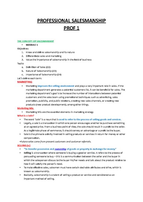 Professional Salesmanship - Concepts, Nature, and Importance (PROF 1