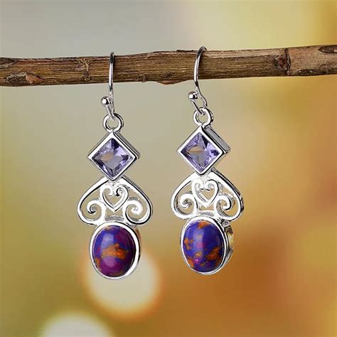 Natural Purple Crystal Dangle Earrings Drop Purple Gem Stone Earrings