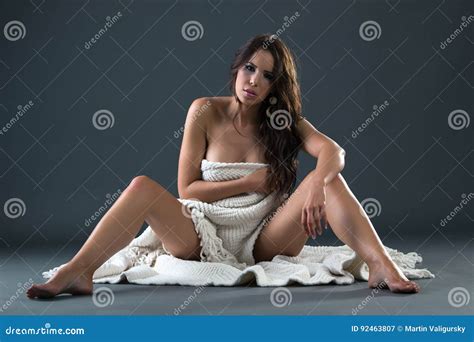 Beautiful Sensual Nude Woman Covered In White Cloth Stock Image Image Of Brunette Intimate