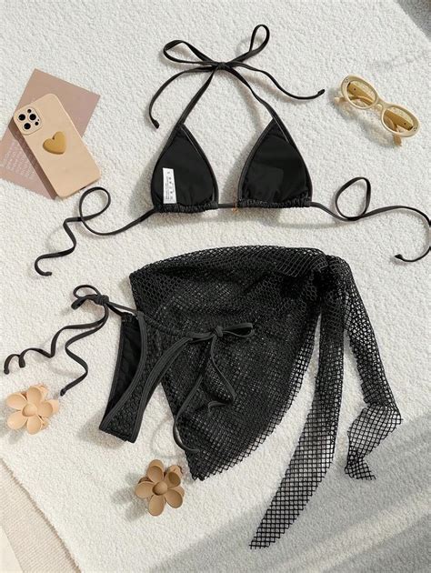 Swim Mod Summer Beach Women S Solid Color Halter Neck Spaghetti Strap Triangle Bikini Set