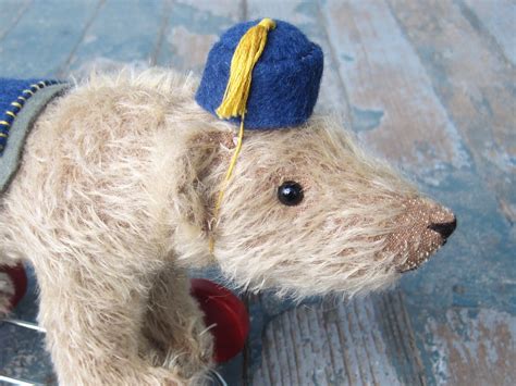 Large Mohair Circus Bear With Fez On Wooden Wheels Ooak