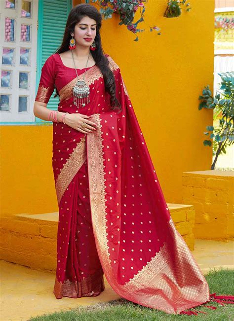 Buy New Red Silk Wedding Wear Weaving Saree Online From Wholesale Salwar