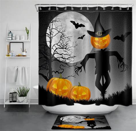 Spooky Halloween Night Shower Curtain Set Full Moon Pumpkins And