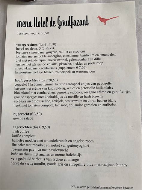 Menu at Hotel De Goudfazant, Amsterdam