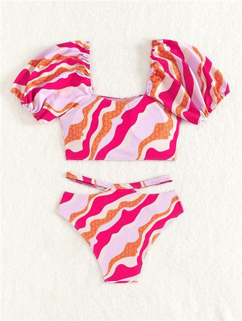 Conjunto De Mai Bikini Duas Pe As E Estampa Total Para Adolescentes Mangas Bufantes